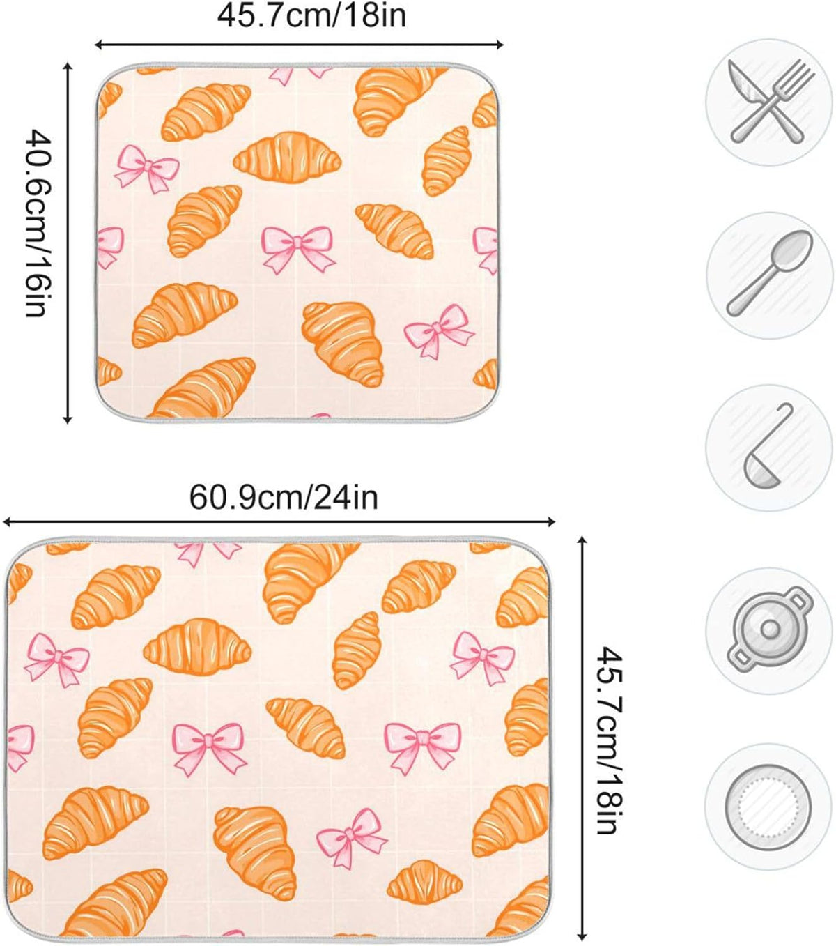 Dish Drying Mats Pink Bows Plaid Croissants Drainer Rack Mat for Counter 16 x 18 Inch Microfiber Dry Dishes Pad Coffee Bar Sink Countertops Mats