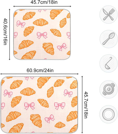 Dish Drying Mats Pink Bows Plaid Croissants Drainer Rack Mat for Counter 16 x 18 Inch Microfiber Dry Dishes Pad Coffee Bar Sink Countertops Mats