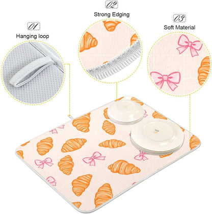 Dish Drying Mats Pink Bows Plaid Croissants Drainer Rack Mat for Counter 16 x 18 Inch Microfiber Dry Dishes Pad Coffee Bar Sink Countertops Mats