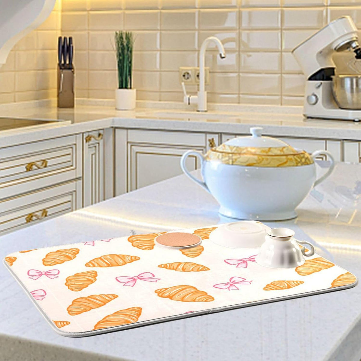 Dish Drying Mats Pink Bows Plaid Croissants Drainer Rack Mat for Counter 16 x 18 Inch Microfiber Dry Dishes Pad Coffee Bar Sink Countertops Mats
