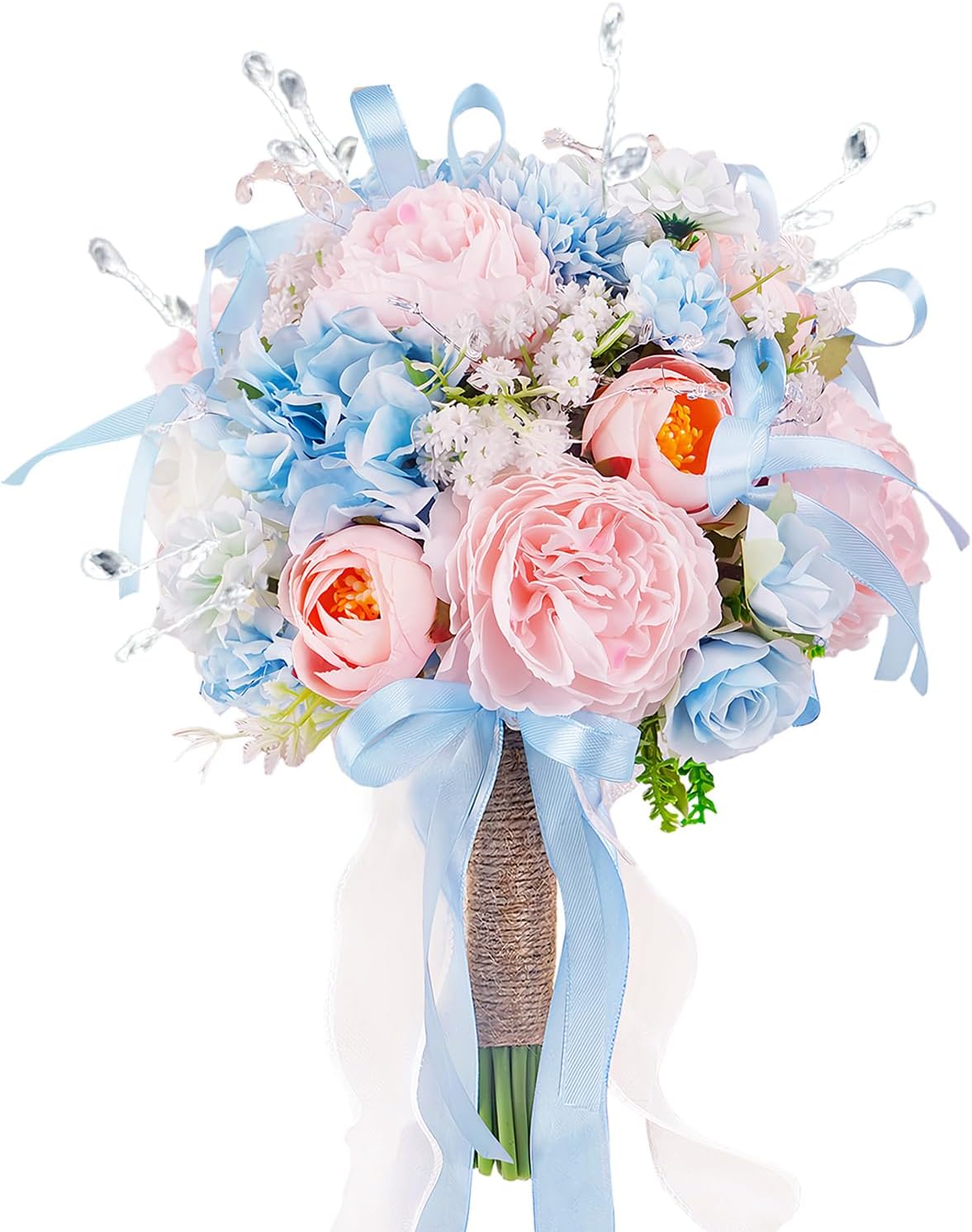 Baby Blue Pink Crystal Wedding Bouquets for Bride Bridesmaid Artificial Fake Roses Flowers Pastel Pink Bridal Bouquet Spring Beach Boho Rustic Wedding Decor Toss Bouquet Prom Ceremony Anniversary