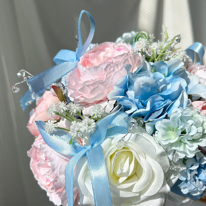 Baby Blue Pink Crystal Wedding Bouquets for Bride Bridesmaid Artificial Fake Roses Flowers Pastel Pink Bridal Bouquet Spring Beach Boho Rustic Wedding Decor Toss Bouquet Prom Ceremony Anniversary