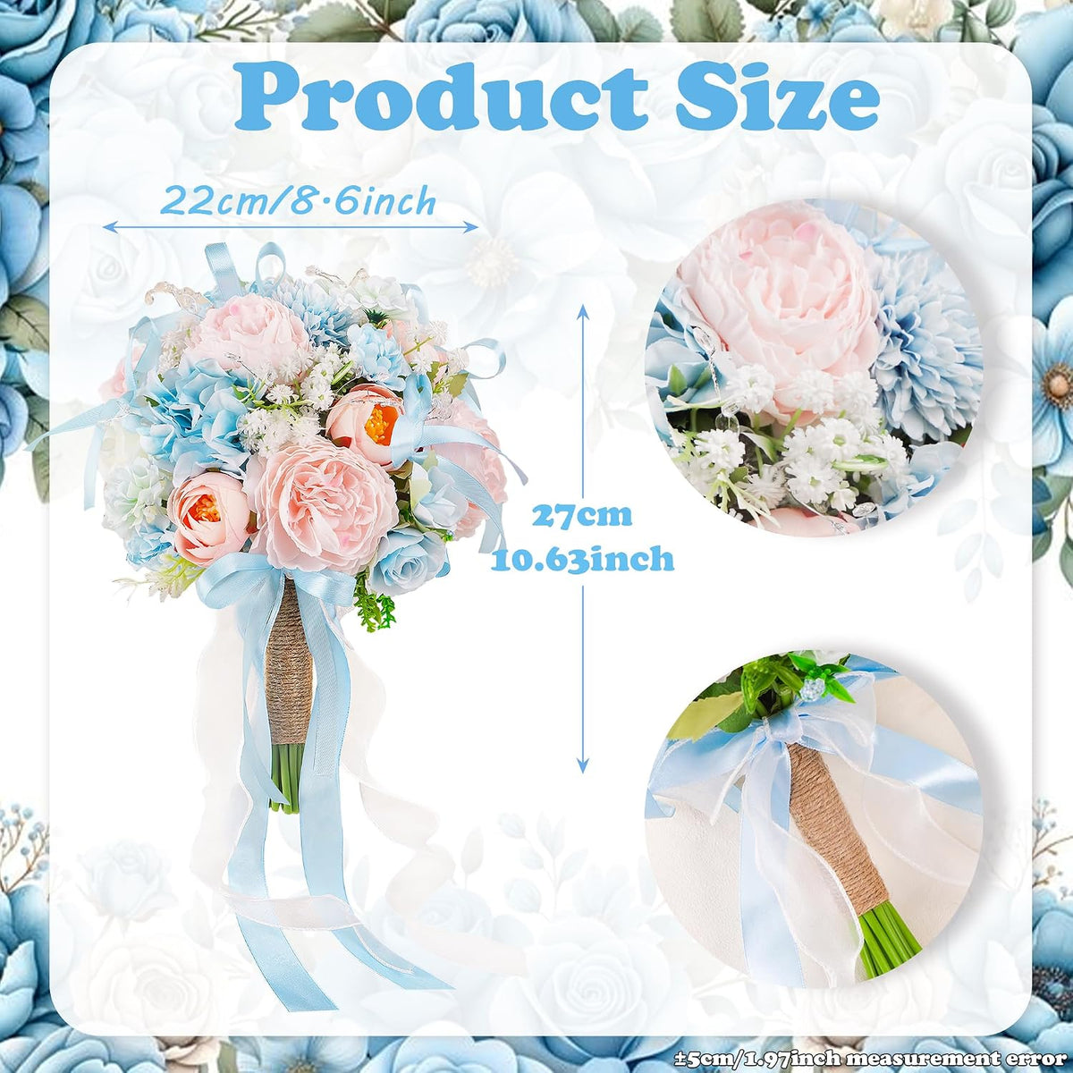 Baby Blue Pink Crystal Wedding Bouquets for Bride Bridesmaid Artificial Fake Roses Flowers Pastel Pink Bridal Bouquet Spring Beach Boho Rustic Wedding Decor Toss Bouquet Prom Ceremony Anniversary