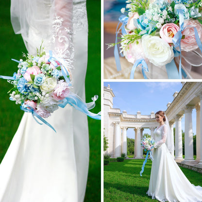 Baby Blue Pink Crystal Wedding Bouquets for Bride Bridesmaid Artificial Fake Roses Flowers Pastel Pink Bridal Bouquet Spring Beach Boho Rustic Wedding Decor Toss Bouquet Prom Ceremony Anniversary