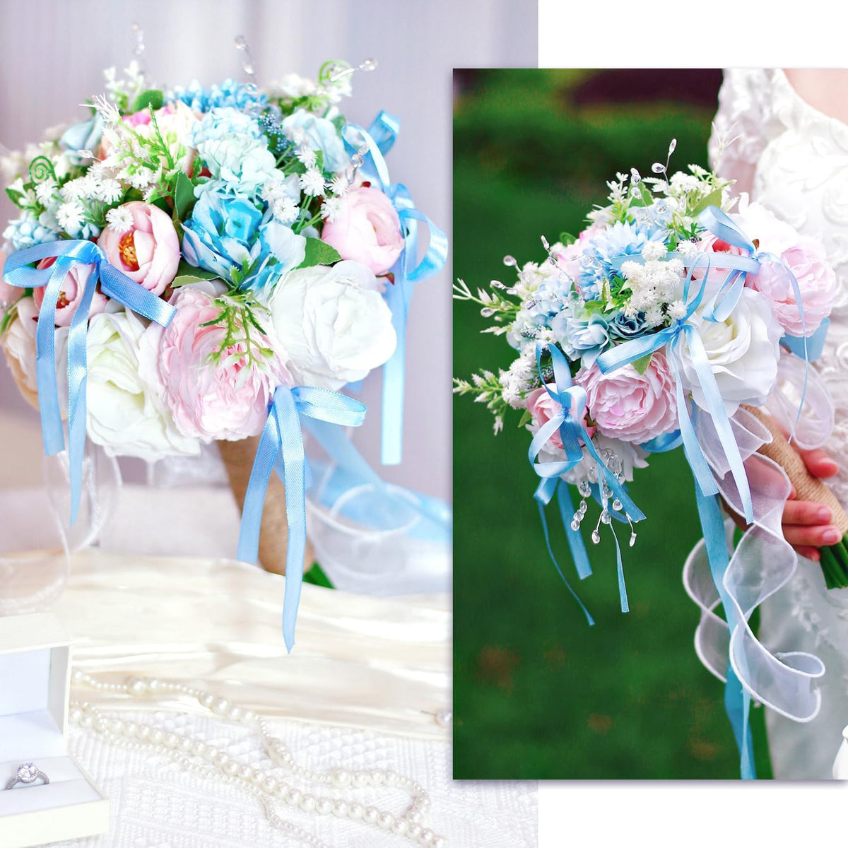 Baby Blue Pink Crystal Wedding Bouquets for Bride Bridesmaid Artificial Fake Roses Flowers Pastel Pink Bridal Bouquet Spring Beach Boho Rustic Wedding Decor Toss Bouquet Prom Ceremony Anniversary