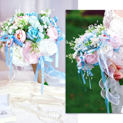 Baby Blue Pink Crystal Wedding Bouquets for Bride Bridesmaid Artificial Fake Roses Flowers Pastel Pink Bridal Bouquet Spring Beach Boho Rustic Wedding Decor Toss Bouquet Prom Ceremony Anniversary