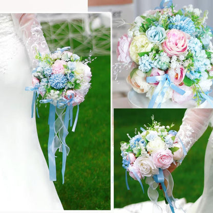 Baby Blue Pink Crystal Wedding Bouquets for Bride Bridesmaid Artificial Fake Roses Flowers Pastel Pink Bridal Bouquet Spring Beach Boho Rustic Wedding Decor Toss Bouquet Prom Ceremony Anniversary