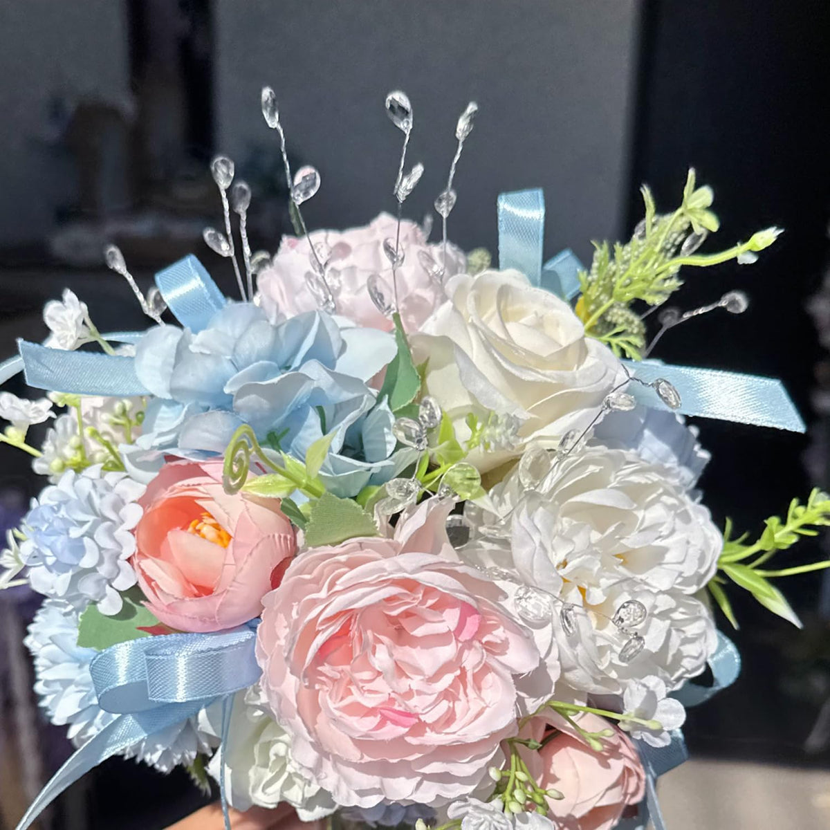 Baby Blue Pink Crystal Wedding Bouquets for Bride Bridesmaid Artificial Fake Roses Flowers Pastel Pink Bridal Bouquet Spring Beach Boho Rustic Wedding Decor Toss Bouquet Prom Ceremony Anniversary