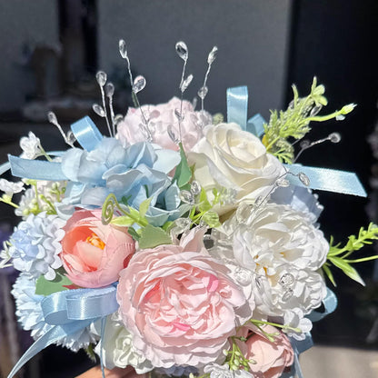 Baby Blue Pink Crystal Wedding Bouquets for Bride Bridesmaid Artificial Fake Roses Flowers Pastel Pink Bridal Bouquet Spring Beach Boho Rustic Wedding Decor Toss Bouquet Prom Ceremony Anniversary