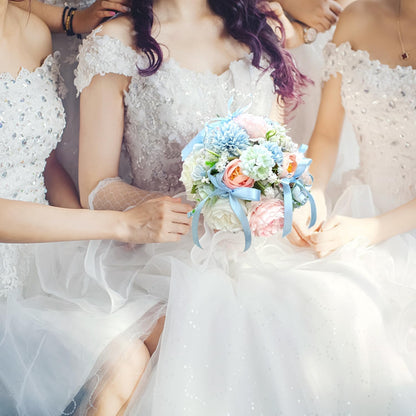 Baby Blue Pink Crystal Wedding Bouquets for Bride Bridesmaid Artificial Fake Roses Flowers Pastel Pink Bridal Bouquet Spring Beach Boho Rustic Wedding Decor Toss Bouquet Prom Ceremony Anniversary