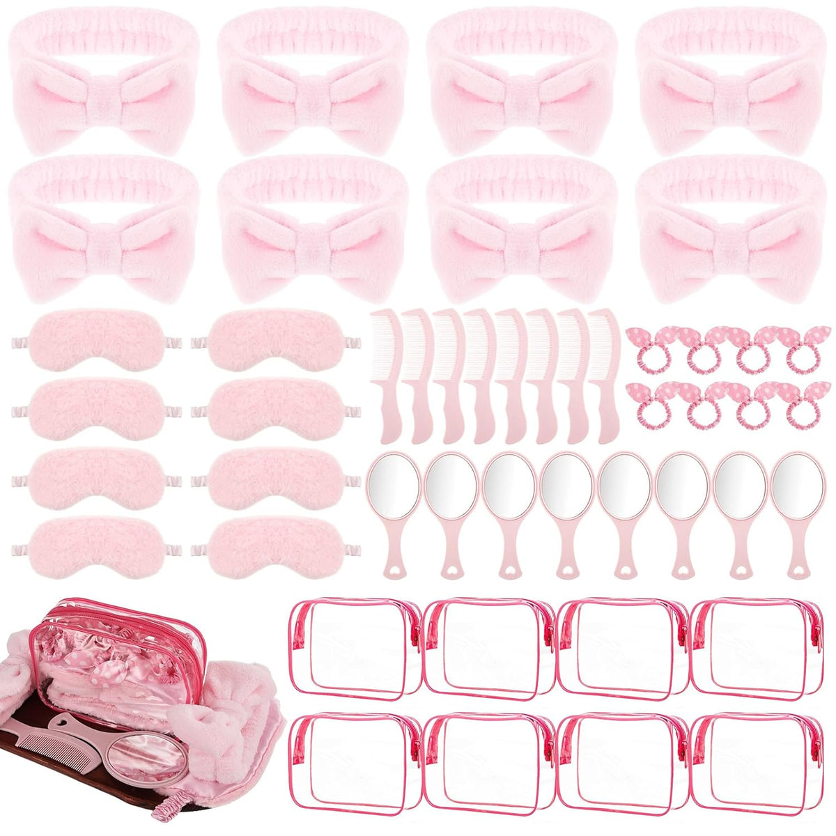 48 Set Spa Sleepover Party Supplies for Women, 8 Pink Spa Headband 8 Sleep Eye Mask 8 Hairbands 8 Organzer Bags 8 Mirrors 8 Combs for Slumber Favors Gift Sleepover Party