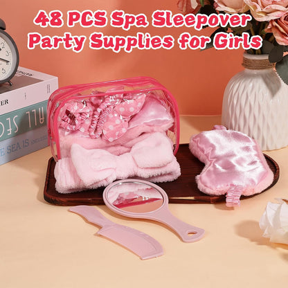 48 Set Spa Sleepover Party Supplies for Women, 8 Pink Spa Headband 8 Sleep Eye Mask 8 Hairbands 8 Organzer Bags 8 Mirrors 8 Combs for Slumber Favors Gift Sleepover Party
