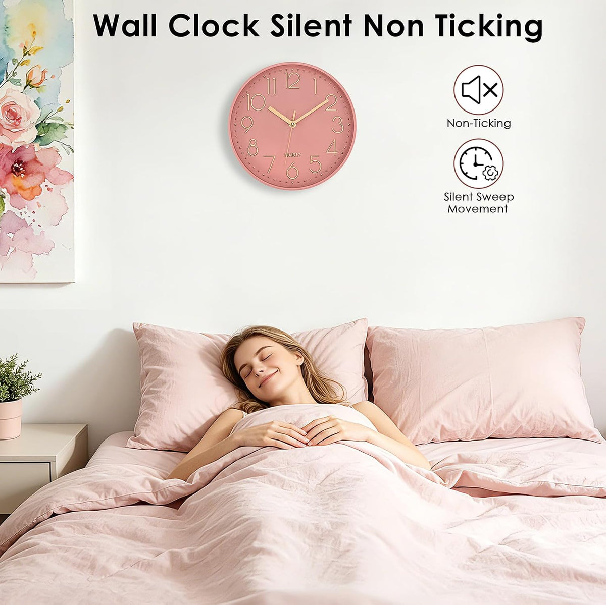 Lumuasky Pink Wall Clock Modern Battery Operated Analog Small Cute Silent Non-Ticking Decorative Clock for School Office Classroom Bedroom Kitchen Living Room Nursery Decor (10 inch)