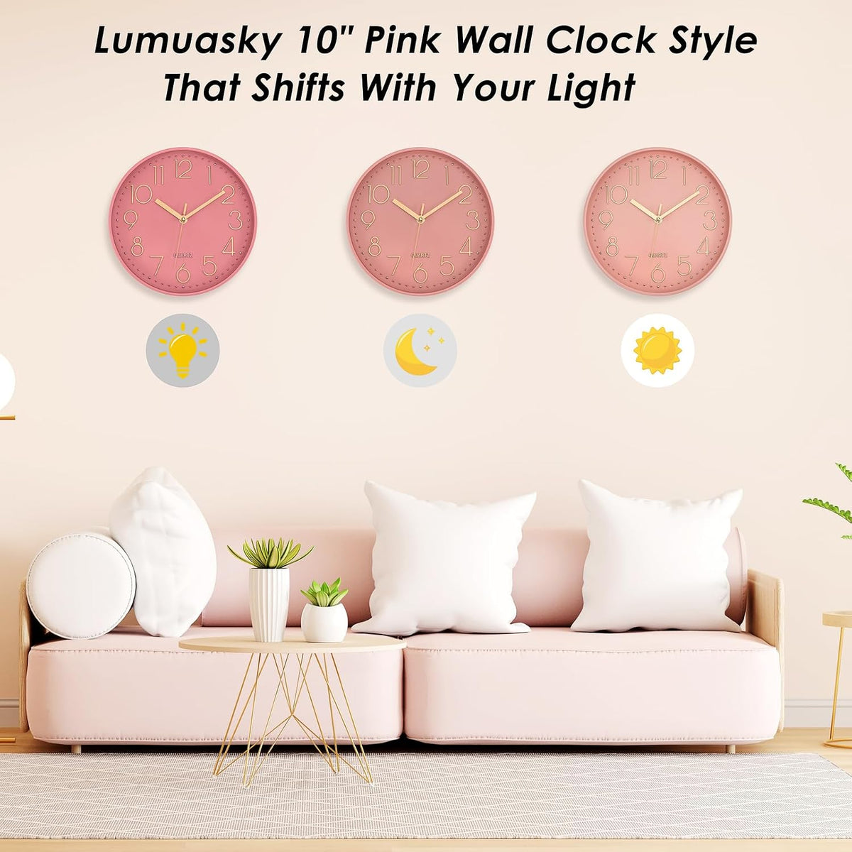Lumuasky Pink Wall Clock Modern Battery Operated Analog Small Cute Silent Non-Ticking Decorative Clock for School Office Classroom Bedroom Kitchen Living Room Nursery Decor (10 inch)