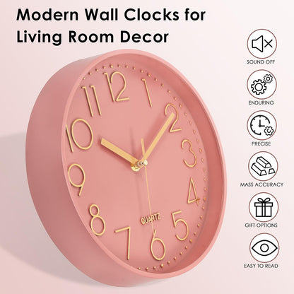 Lumuasky Pink Wall Clock Modern Battery Operated Analog Small Cute Silent Non-Ticking Decorative Clock for School Office Classroom Bedroom Kitchen Living Room Nursery Decor (10 inch)