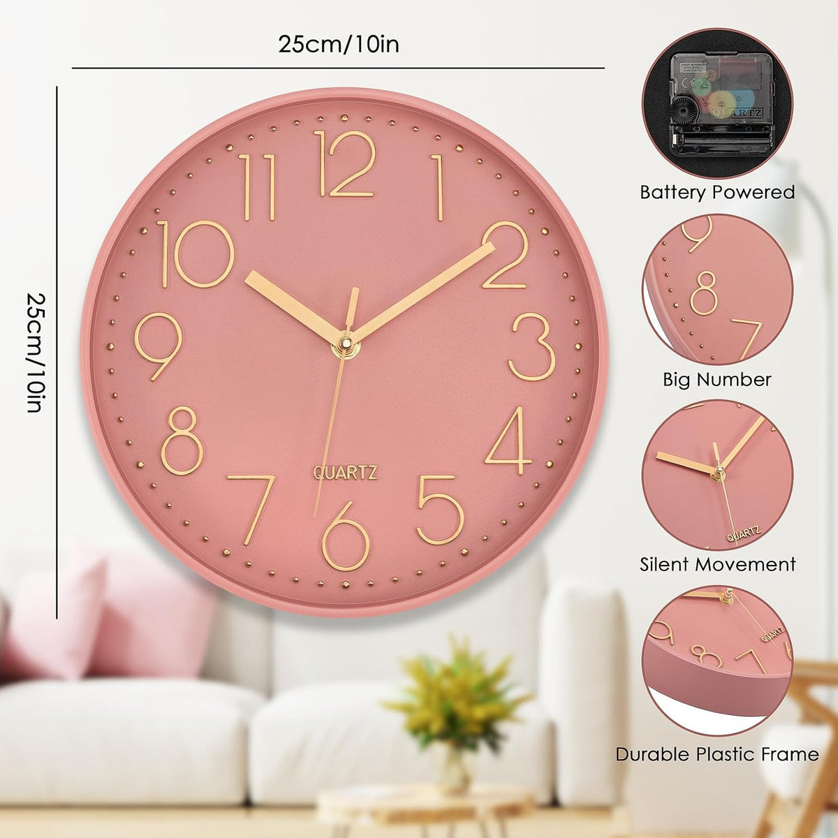 Lumuasky Pink Wall Clock Modern Battery Operated Analog Small Cute Silent Non-Ticking Decorative Clock for School Office Classroom Bedroom Kitchen Living Room Nursery Decor (10 inch)