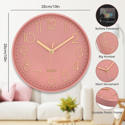Lumuasky Pink Wall Clock Modern Battery Operated Analog Small Cute Silent Non-Ticking Decorative Clock for School Office Classroom Bedroom Kitchen Living Room Nursery Decor (10 inch)