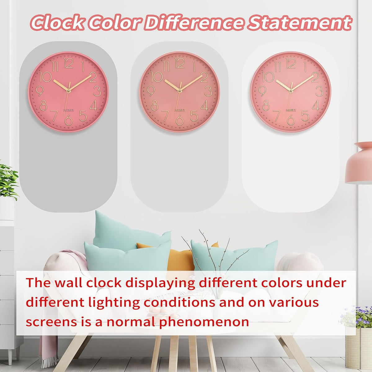 Lumuasky Pink Wall Clock Modern Battery Operated Analog Small Cute Silent Non-Ticking Decorative Clock for School Office Classroom Bedroom Kitchen Living Room Nursery Decor (10 inch)