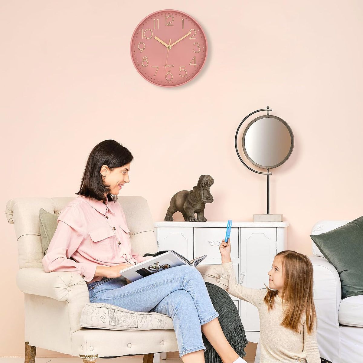 Lumuasky Pink Wall Clock Modern Battery Operated Analog Small Cute Silent Non-Ticking Decorative Clock for School Office Classroom Bedroom Kitchen Living Room Nursery Decor (10 inch)