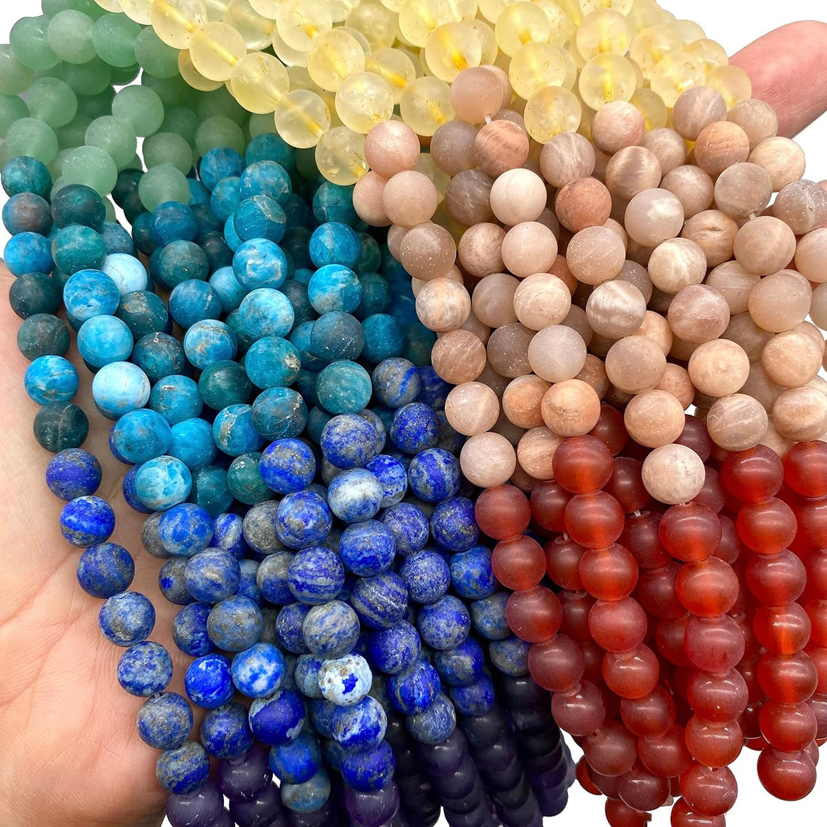 ABCGEMS Matte Seven Chakra Beads (The Ultimate Combination of The Strongest Energy Stones) Honey Citrine, Peach Moonstone, Amethyst, Apatite, Lapis, Carnelian, Aventurine - Smooth Round 6mm