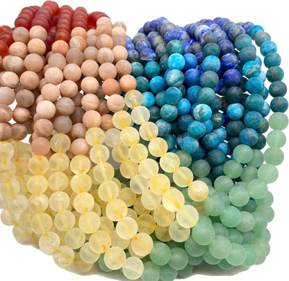 ABCGEMS Matte Seven Chakra Beads (The Ultimate Combination of The Strongest Energy Stones) Honey Citrine, Peach Moonstone, Amethyst, Apatite, Lapis, Carnelian, Aventurine - Smooth Round 6mm