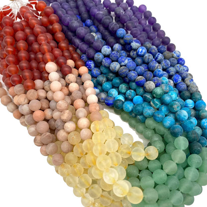 ABCGEMS Matte Seven Chakra Beads (The Ultimate Combination of The Strongest Energy Stones) Honey Citrine, Peach Moonstone, Amethyst, Apatite, Lapis, Carnelian, Aventurine - Smooth Round 6mm