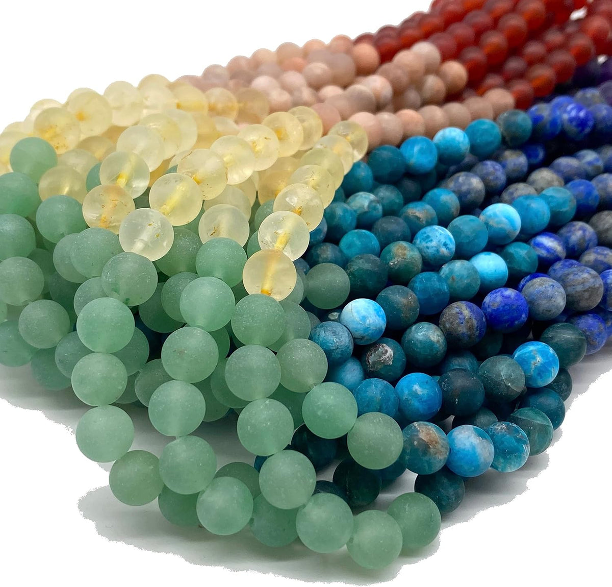 ABCGEMS Matte Seven Chakra Beads (The Ultimate Combination of The Strongest Energy Stones) Honey Citrine, Peach Moonstone, Amethyst, Apatite, Lapis, Carnelian, Aventurine - Smooth Round 6mm