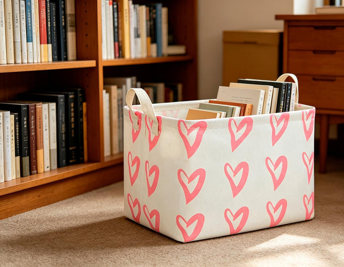 Rectangular Pink Heart Basket Empty, Storage Bin, Waterproof Book Box, Gift Basket(Pink Heart)