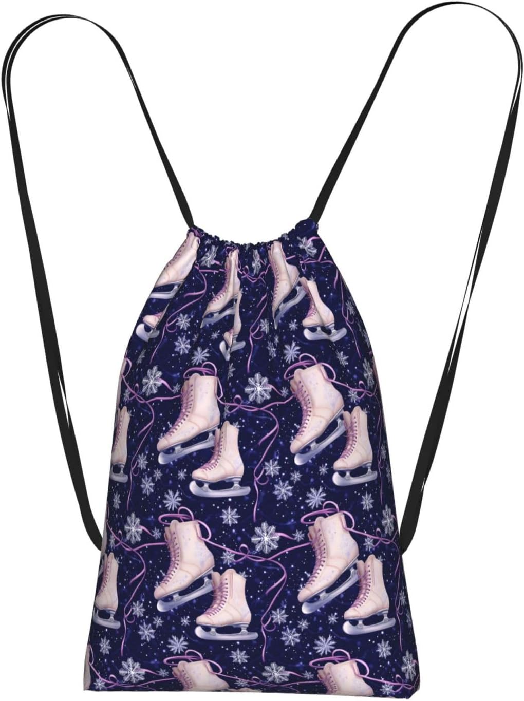 Drawstring Backpack - Snowflake Pink Skates Print Small Drawstring Bag Bags for Women Men, Lightweight Sports Track Cinch Draw String Back Bag for Gym Travel Beach with Small Storage Pouch