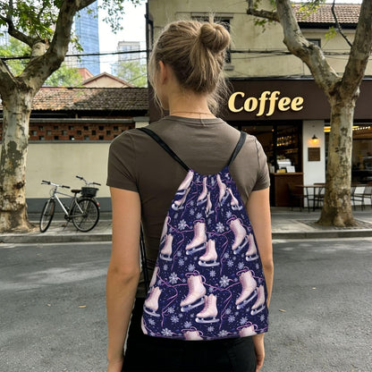 Drawstring Backpack - Snowflake Pink Skates Print Small Drawstring Bag Bags for Women Men, Lightweight Sports Track Cinch Draw String Back Bag for Gym Travel Beach with Small Storage Pouch