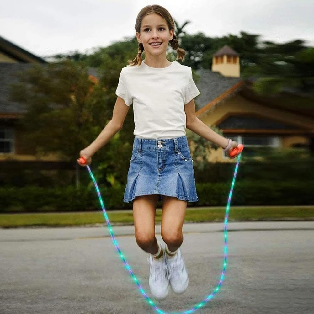 Led Light Up Jump Rope for Kids & Adults- Rechargeable Glowing Skipping Rope With 3 Adjustable Rainbow Glow Modes for Make Nighttime Cardio Fun, Lightweight Fitness Exercise Equipment