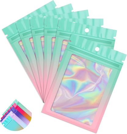 100 Pack Gradient Holographic Bags,Mylar Resealable Bags with Zipper,Clear Window Packaging Pouchs,Smell Proof Foil Bag for Food Storage,Sample Jewelry Bag(2.7x3.9In,Green Pink)