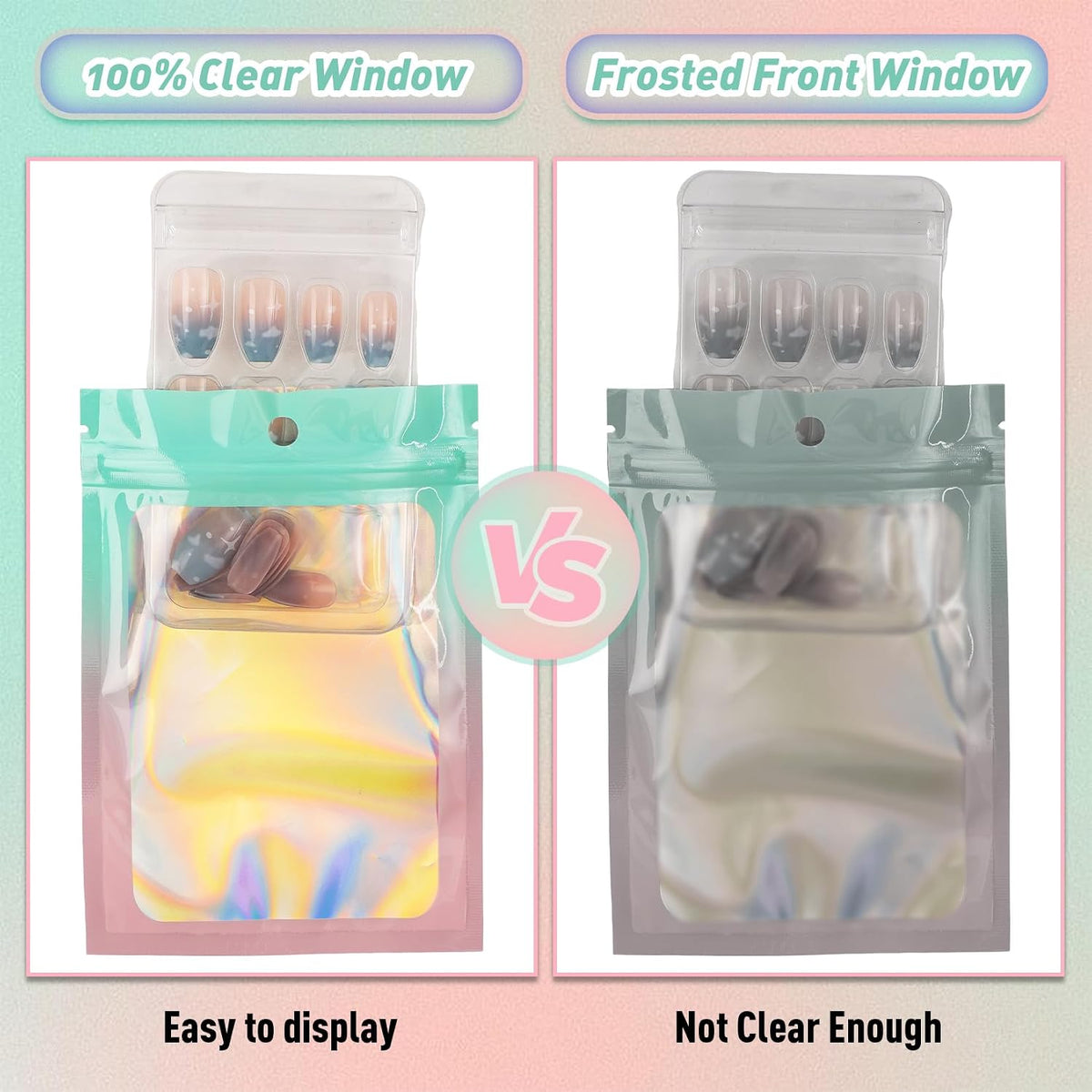 100 Pack Gradient Holographic Bags,Mylar Resealable Bags with Zipper,Clear Window Packaging Pouchs,Smell Proof Foil Bag for Food Storage,Sample Jewelry Bag(2.7x3.9In,Green Pink)