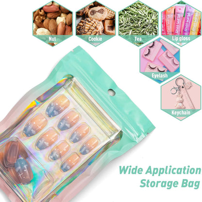 100 Pack Gradient Holographic Bags,Mylar Resealable Bags with Zipper,Clear Window Packaging Pouchs,Smell Proof Foil Bag for Food Storage,Sample Jewelry Bag(2.7x3.9In,Green Pink)