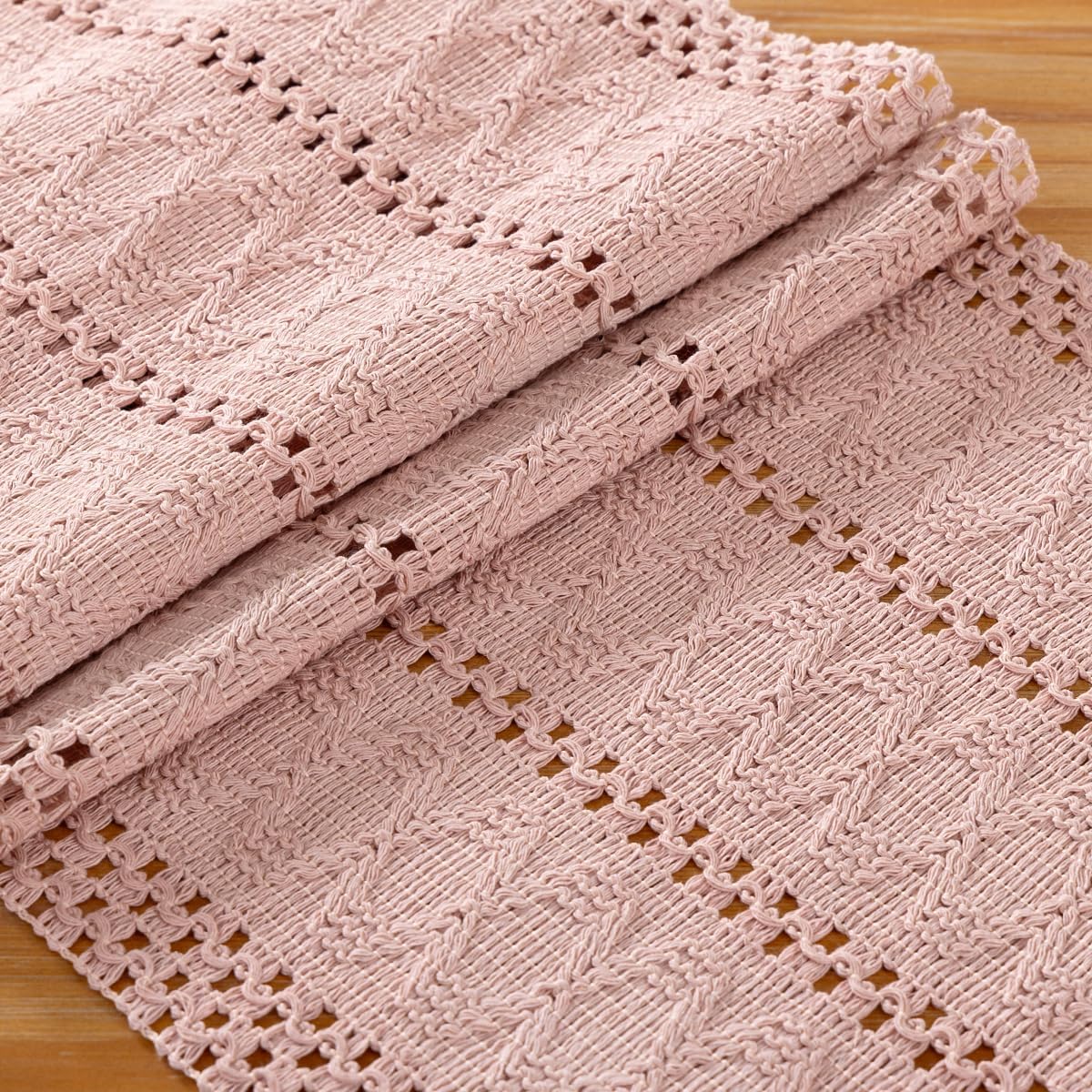 Pink Farmhouse Table Runner 60Inch Woven Linen Dining Runner