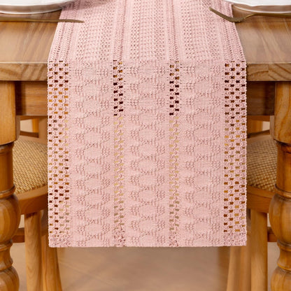 Pink Farmhouse Table Runner 60Inch Woven Linen Dining Runner