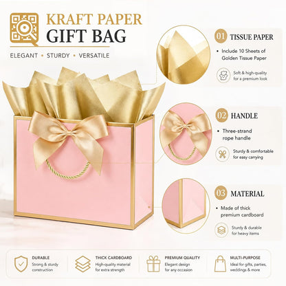 Pink Gift Bags with Gold Trim, 4 Pack, 11 x 4 x 8 Inch