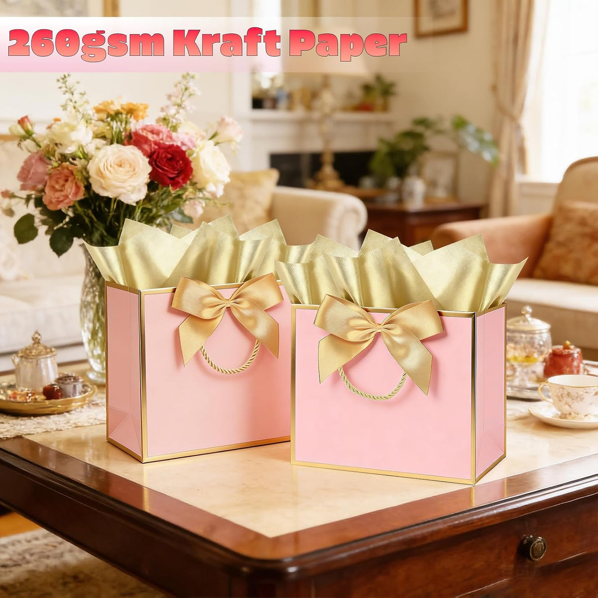 Pink Gift Bags with Gold Trim, 4 Pack, 11 x 4 x 8 Inch