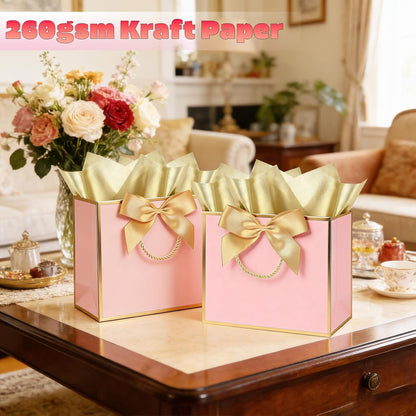 Pink Gift Bags with Gold Trim, 4 Pack, 11 x 4 x 8 Inch