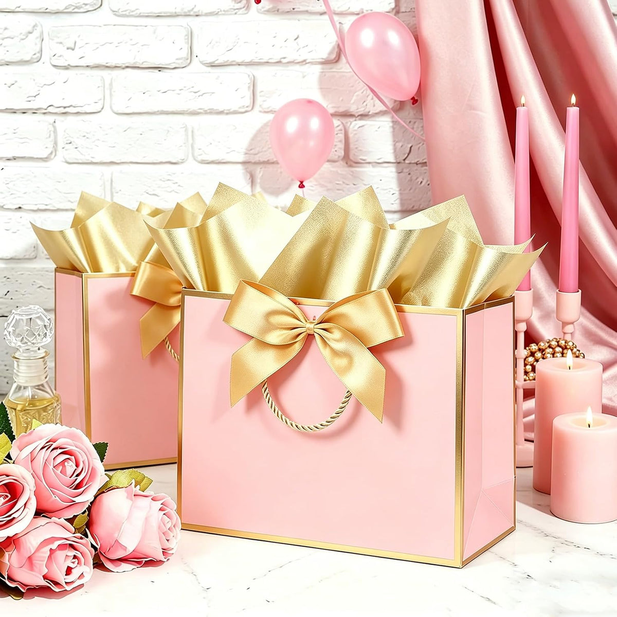 Pink Gift Bags with Gold Trim, 4 Pack, 11 x 4 x 8 Inch