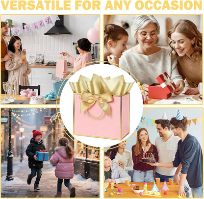 Pink Gift Bags with Gold Trim, 4 Pack, 11 x 4 x 8 Inch