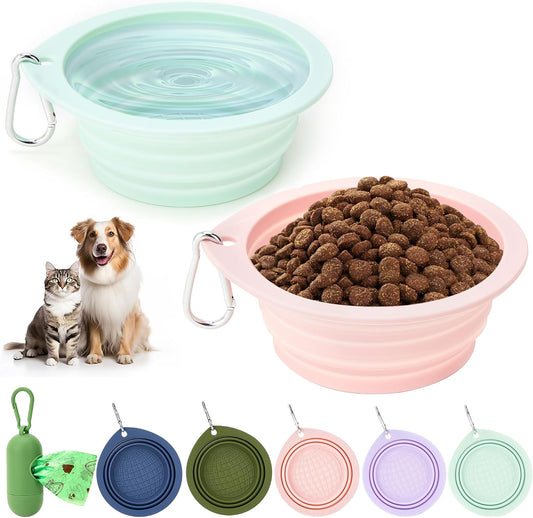 3 Pack Collapsible Dog Bowls,2 Pet Bowls with 1 Pet Poop Bag Dispenser Set,Portable Silicone Travel Dog Bowls for Walking,Hiking,Camping,Outdoor Travel(Pink&Green)