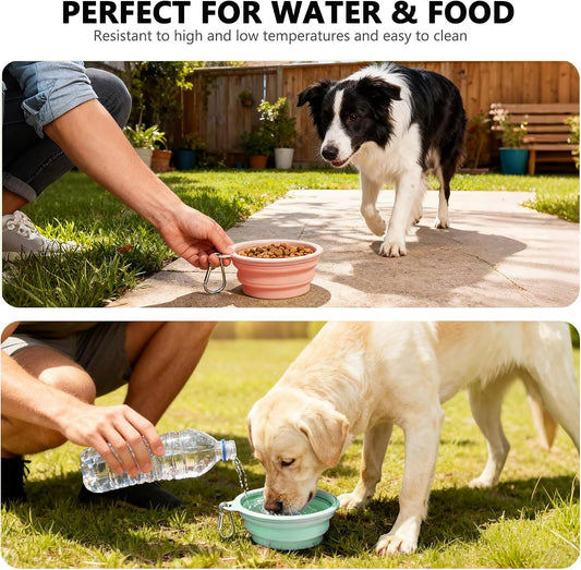 3 Pack Collapsible Dog Bowls,2 Pet Bowls with 1 Pet Poop Bag Dispenser Set,Portable Silicone Travel Dog Bowls for Walking,Hiking,Camping,Outdoor Travel(Pink&Green)