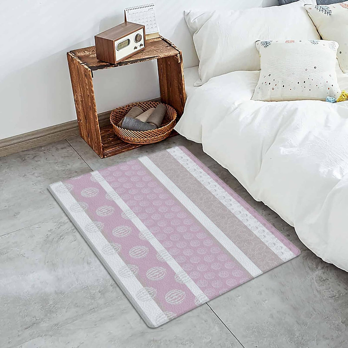 Farm Fruits Antifatigue Kitchen Bath Door Mat Cushioned Runner Rug, Watermelon Lemons Peach Pink Grey Striped Welcome Floor Sink Mat, Waterproof & Non-Slip Comfort Standing Doormat for Kitchen 24"x36"