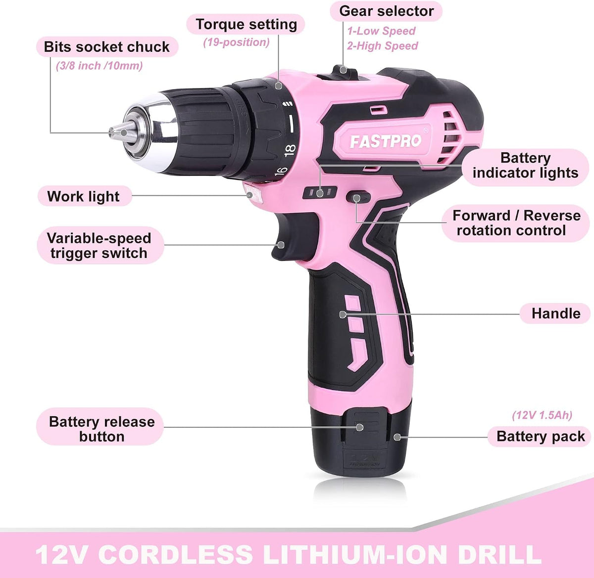 12V Pink Drill Set for Women, Home Tool Set with Bag