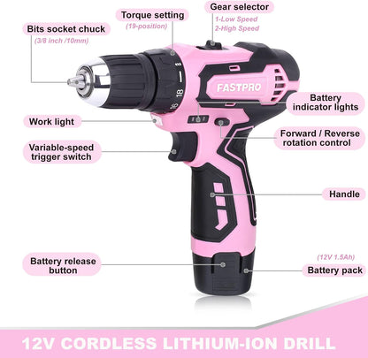 12V Pink Drill Set for Women, Home Tool Set with Bag