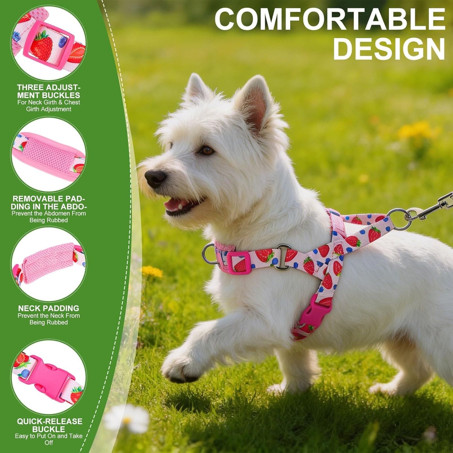 No Pull Small Dog Harness and Leash Set, Adjustable Soft Breathable Mesh Puppy Vest with Padded, Quick Fit Escape Proof Walking Harness Easy Control Handle for Small Medium Dogs Strawberry