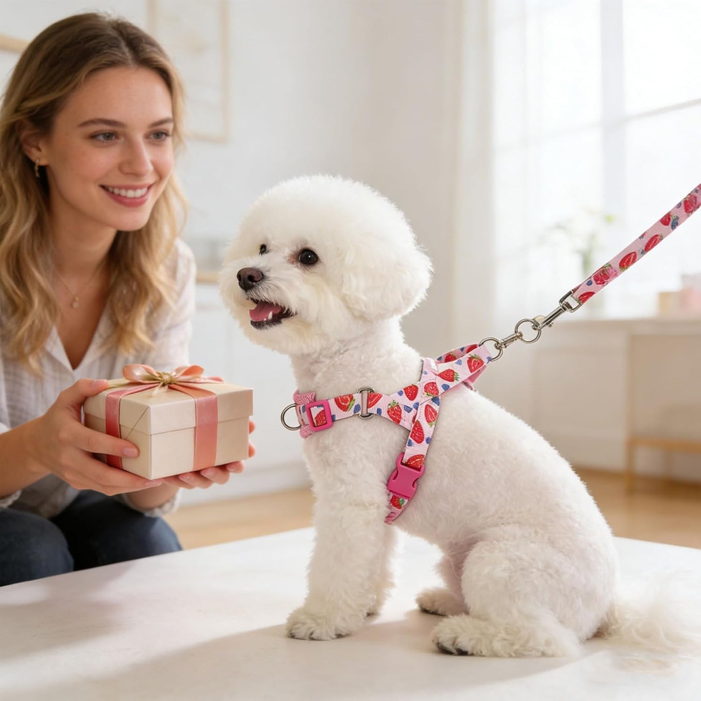 No Pull Small Dog Harness and Leash Set, Adjustable Soft Breathable Mesh Puppy Vest with Padded, Quick Fit Escape Proof Walking Harness Easy Control Handle for Small Medium Dogs Strawberry