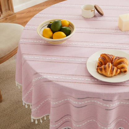 ZeeMart Hemstitched Striped Boho Table Cloth, 60 Inch Round Pink