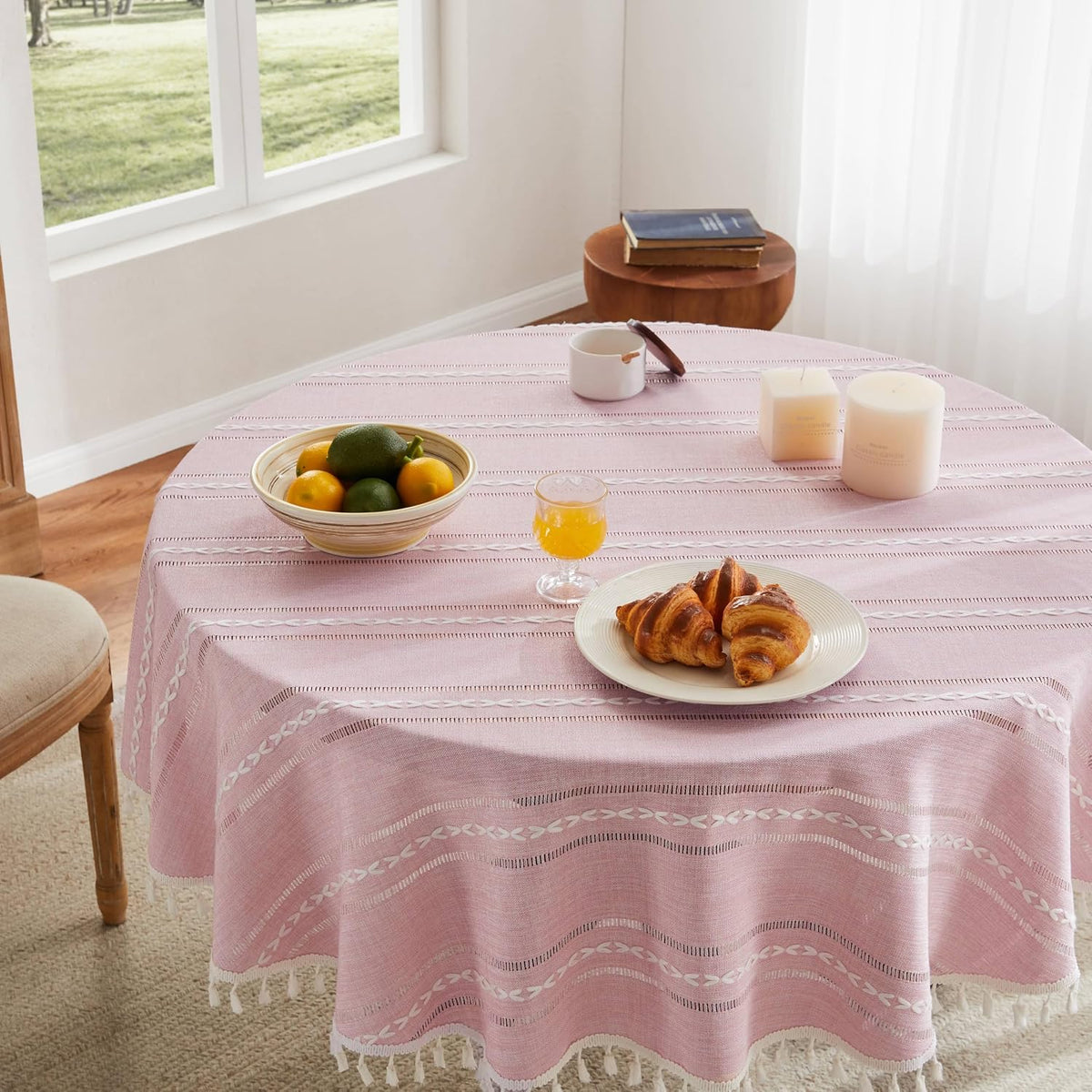 ZeeMart Hemstitched Striped Boho Table Cloth, 60 Inch Round Pink